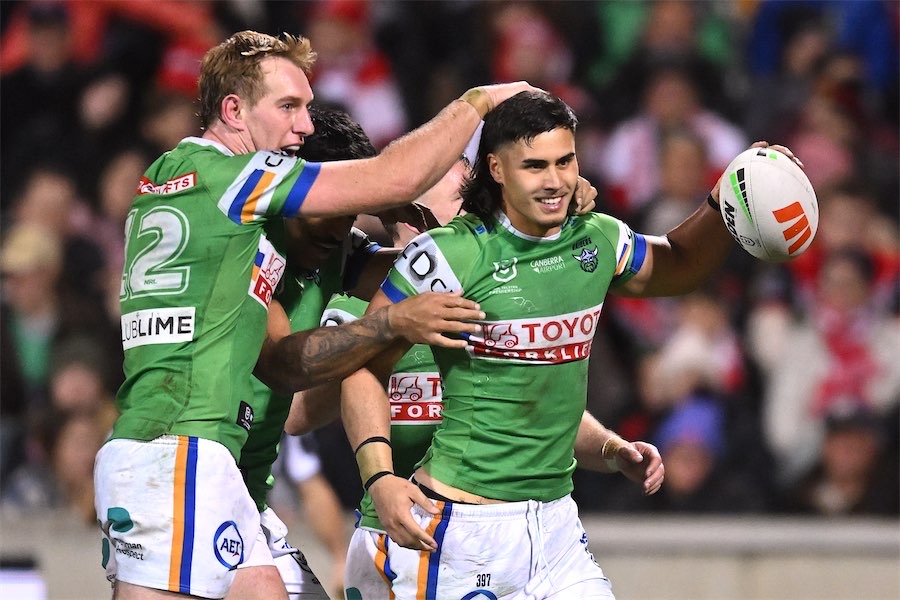 Hat-trick hero helps Raiders pip Dragons, top NRL table